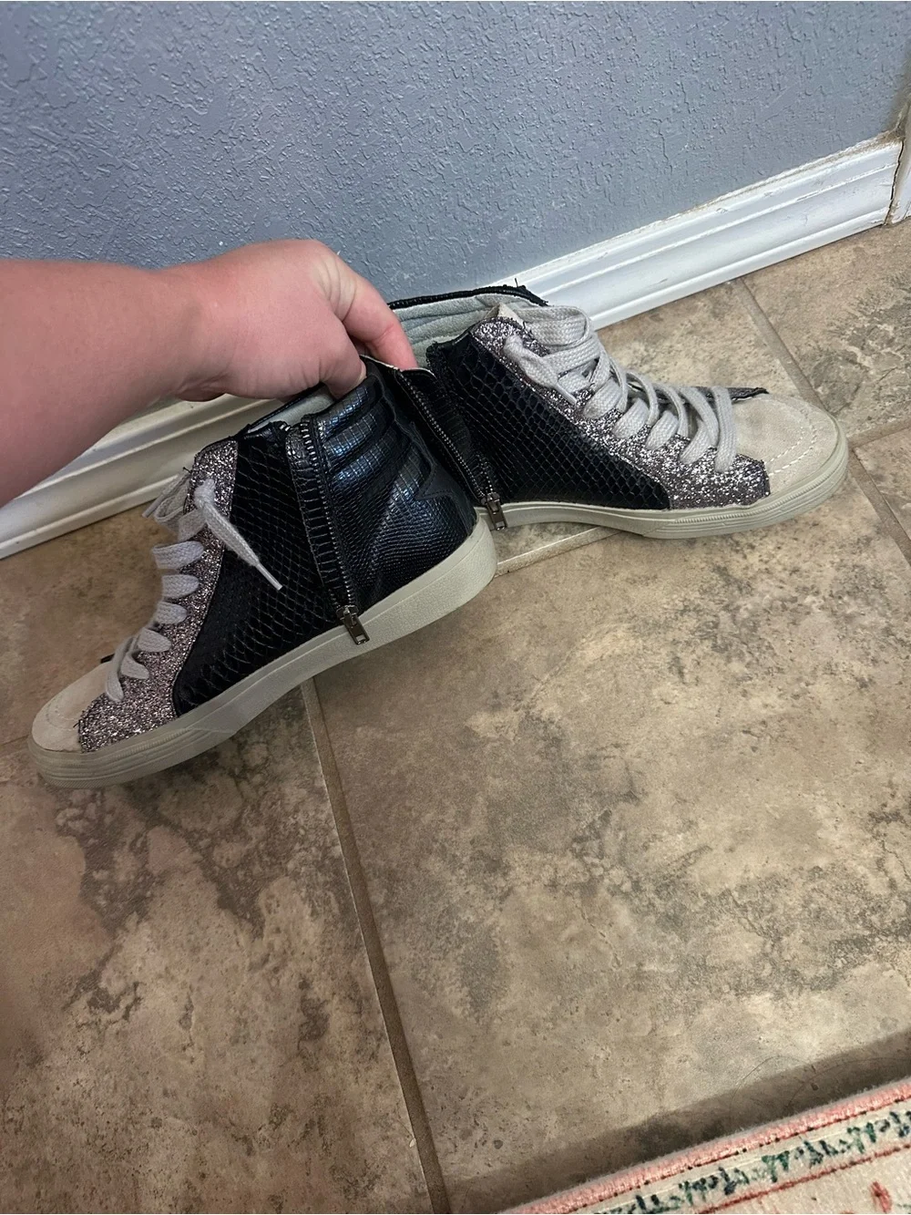 Women’s Shu Shop Black and Silver High-Top Sneakers - Fashion Glitter Accent